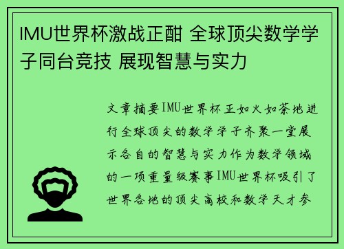 IMU世界杯激战正酣 全球顶尖数学学子同台竞技 展现智慧与实力