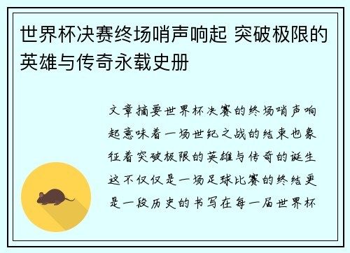 世界杯决赛终场哨声响起 突破极限的英雄与传奇永载史册