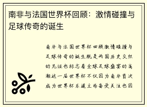 南非与法国世界杯回顾：激情碰撞与足球传奇的诞生